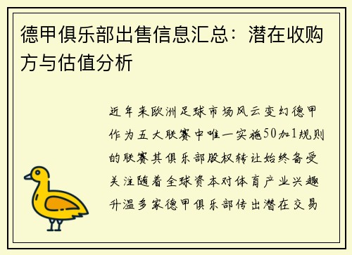 德甲俱乐部出售信息汇总：潜在收购方与估值分析